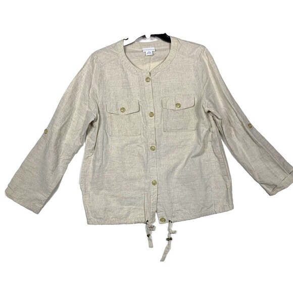 Liz Claiborne Jacket Womens Medium Beige Button up Top Tie Front Roll sleeve top - Picture 1 of 10